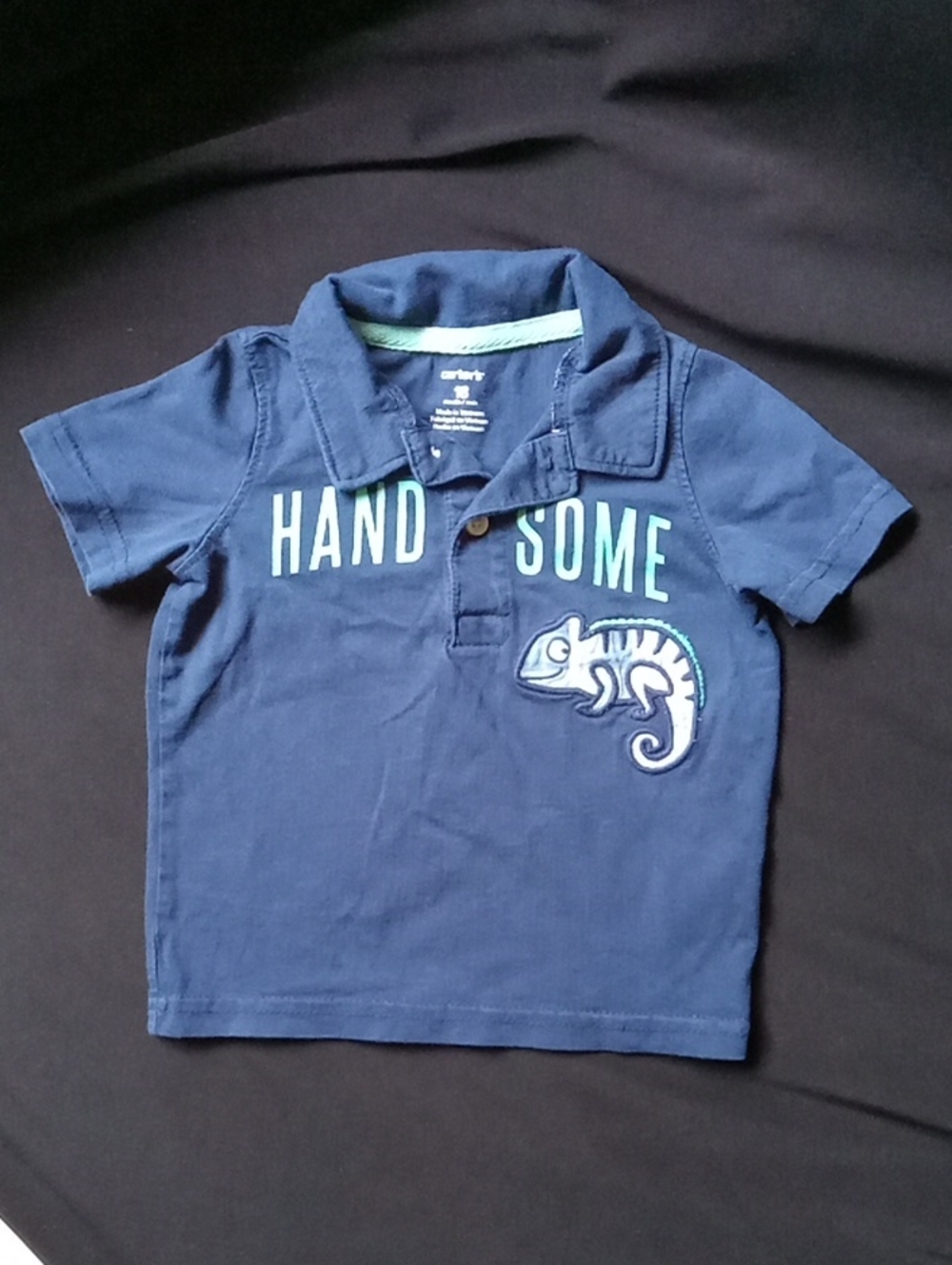 Carter's Navy Polo with Mint 'Handsome' Text and Chameleon Patch